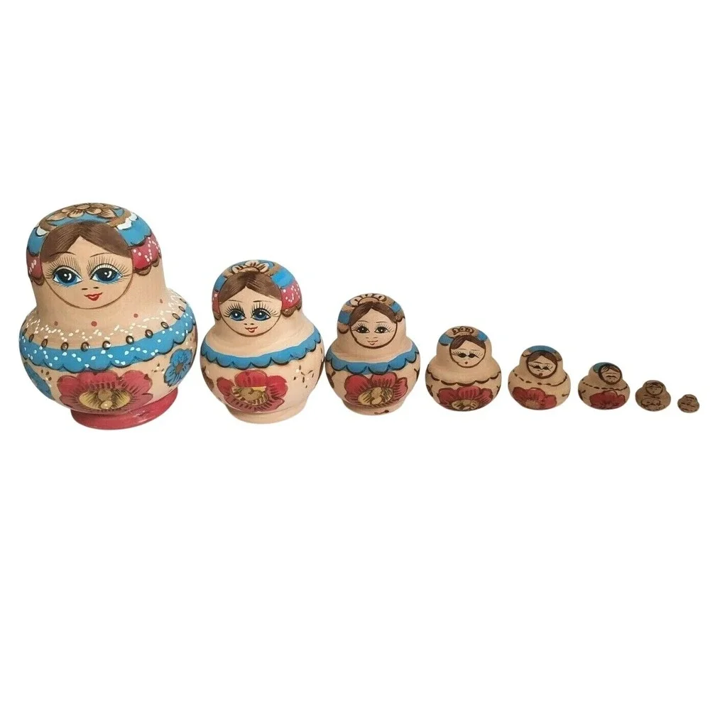Vintage Russian Nesting Dolls Matryoshka Hand Painted Wood 8 Piece Set Floral